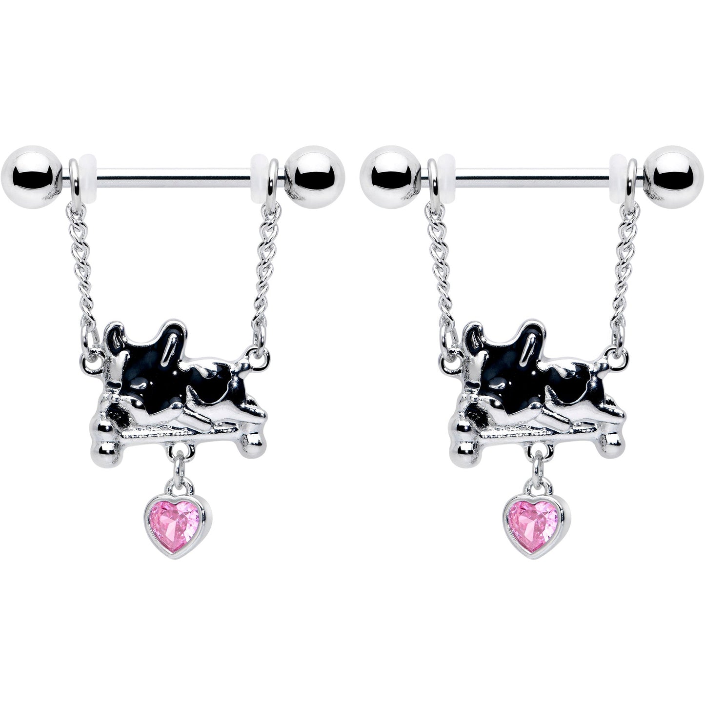 14G 9/16 Pink Gem Sleepy French Bulldog Chain Dangle Nipple Ring Set