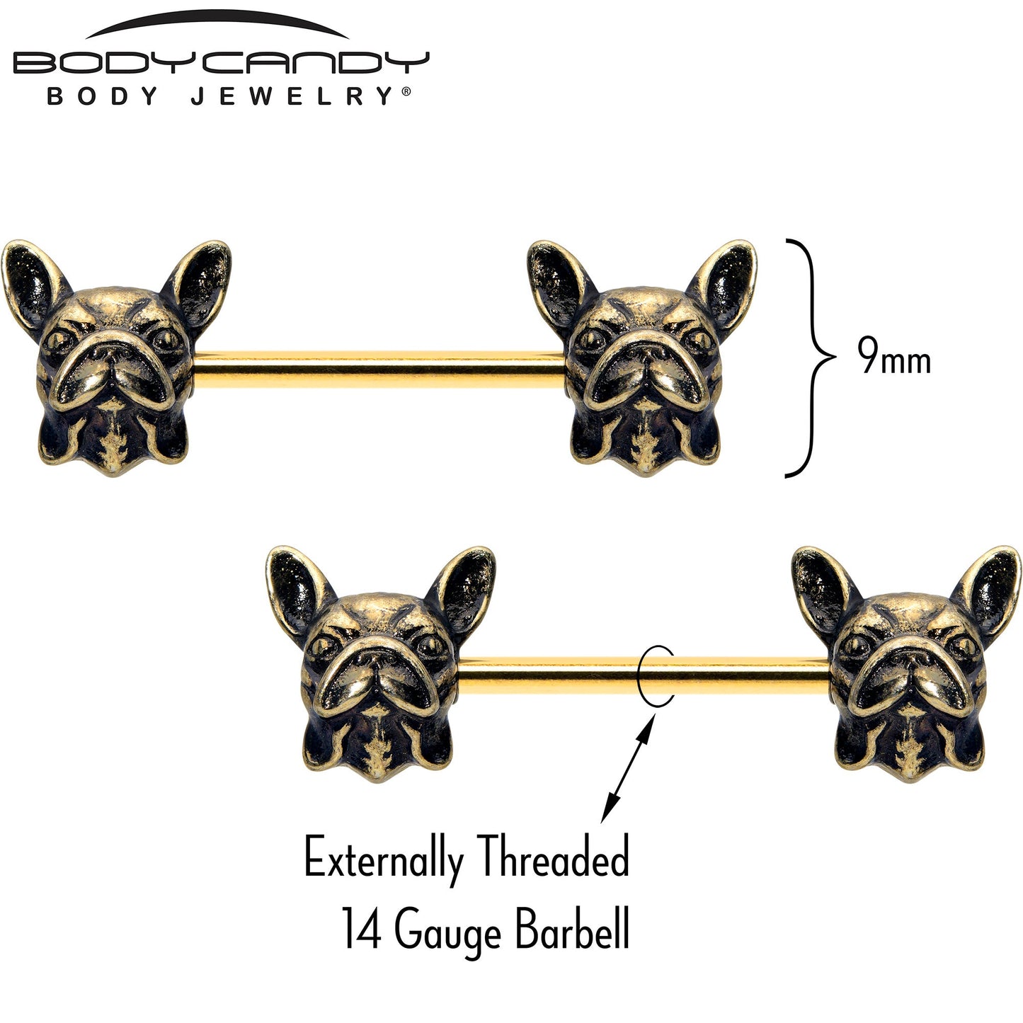 14G 5/8 Gold Tone Anodized French Bulldog Barbell Nipple Ring Set