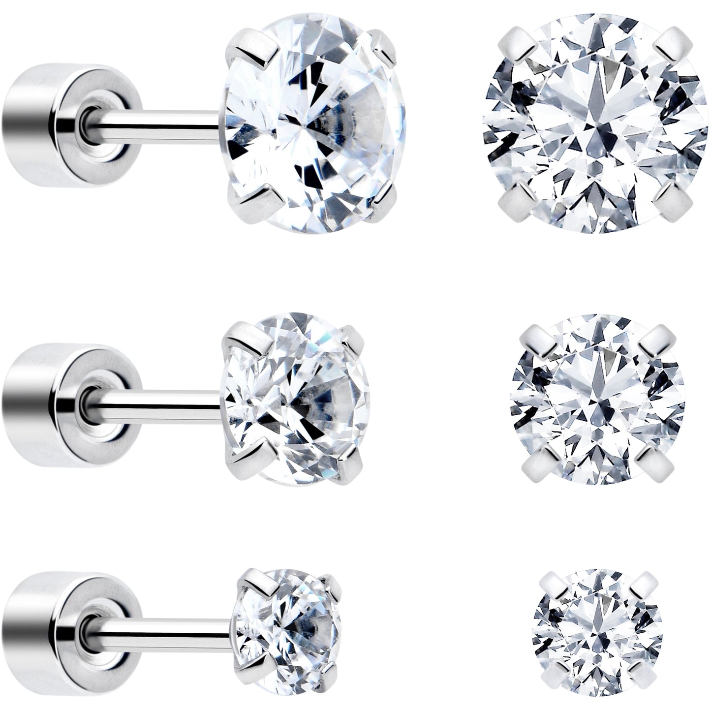 CZ Flat Back Stud Earrings - 3 Pairs