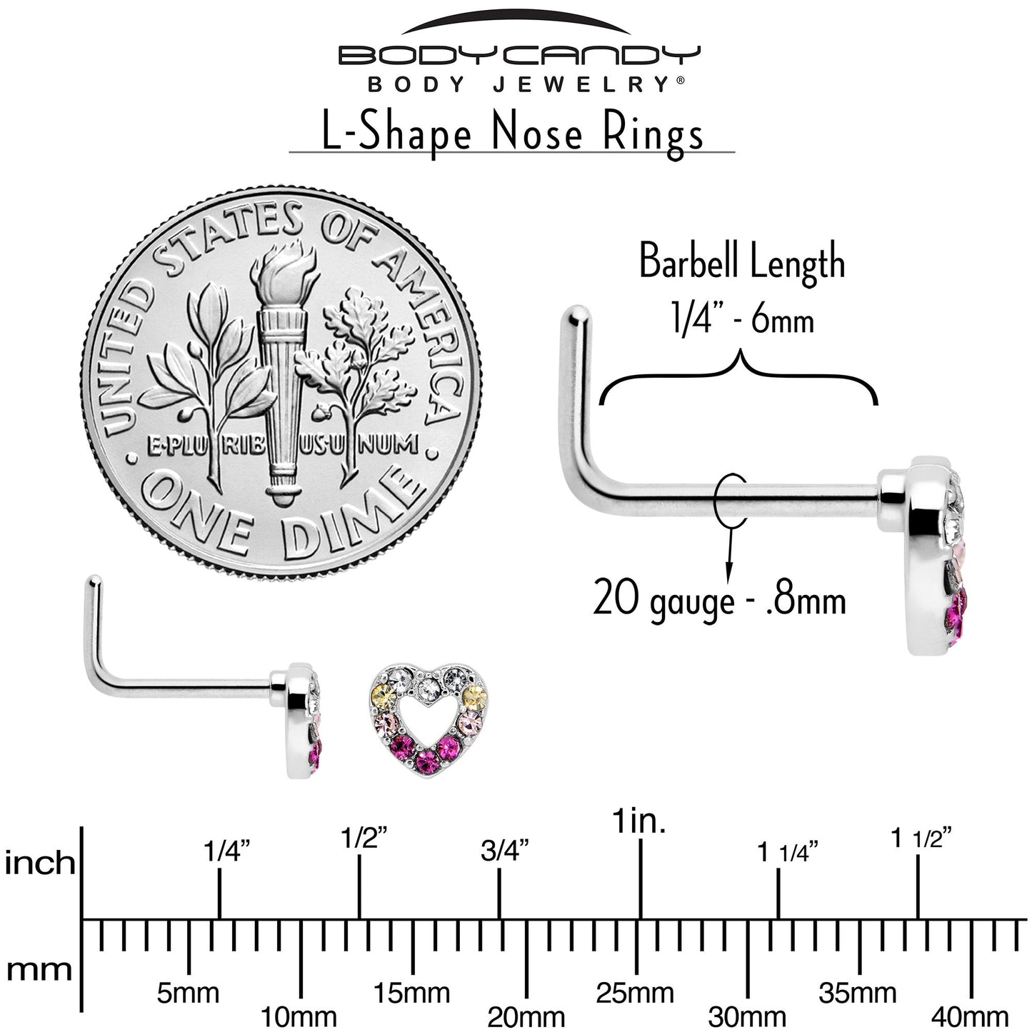 20G Romance Gem Open Heart L Shape Nose Ring