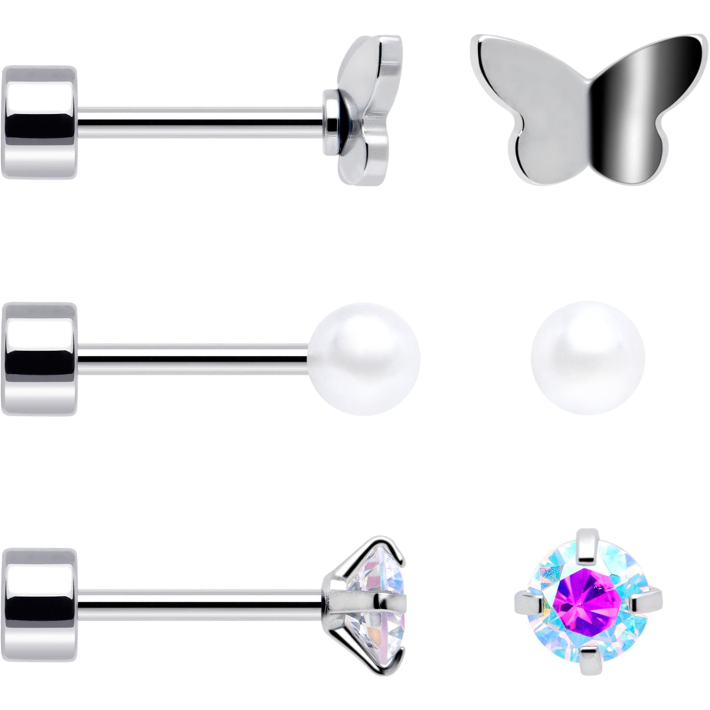 20G Aurora Gem White Orb Butterfly Flatback Earring Set of 6