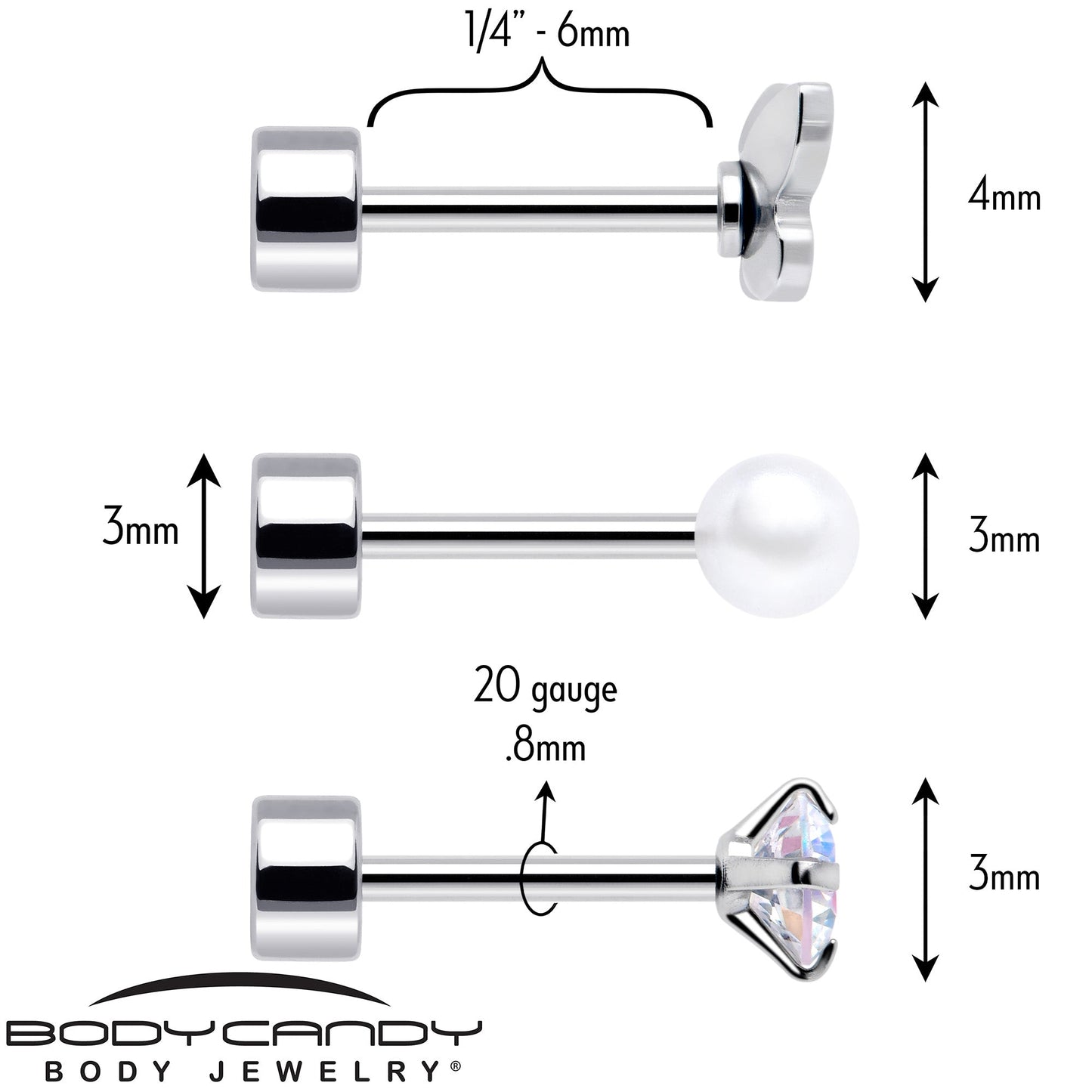 20G Aurora Gem White Orb Butterfly Flatback Earring Set of 6