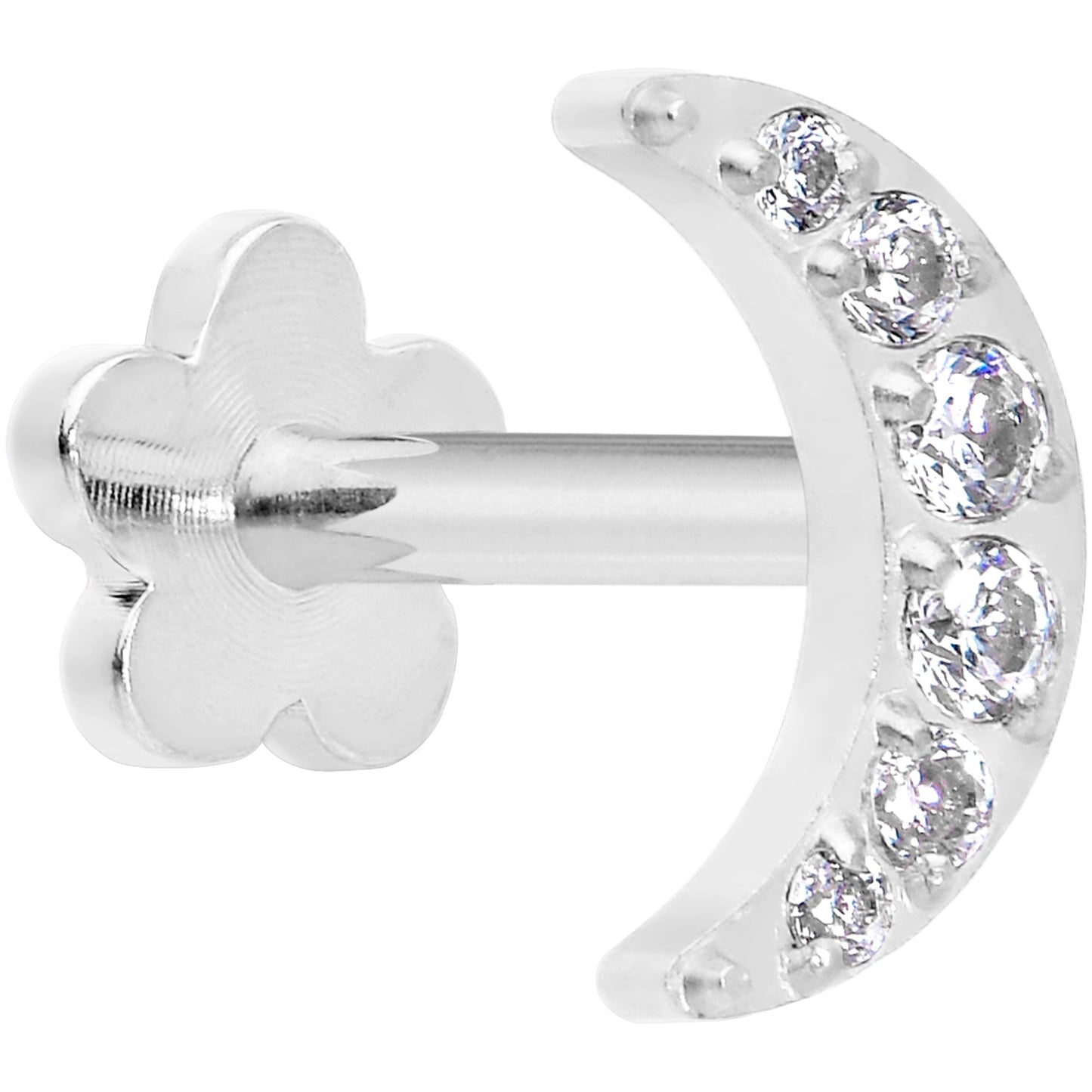 Titanium Flat Back Earring Gem Crescent Moon - 18G Threadless Reversible