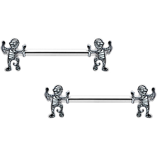 14G 9/16 Two Tone Halloween Mummy Barbell Nipple Ring Set
