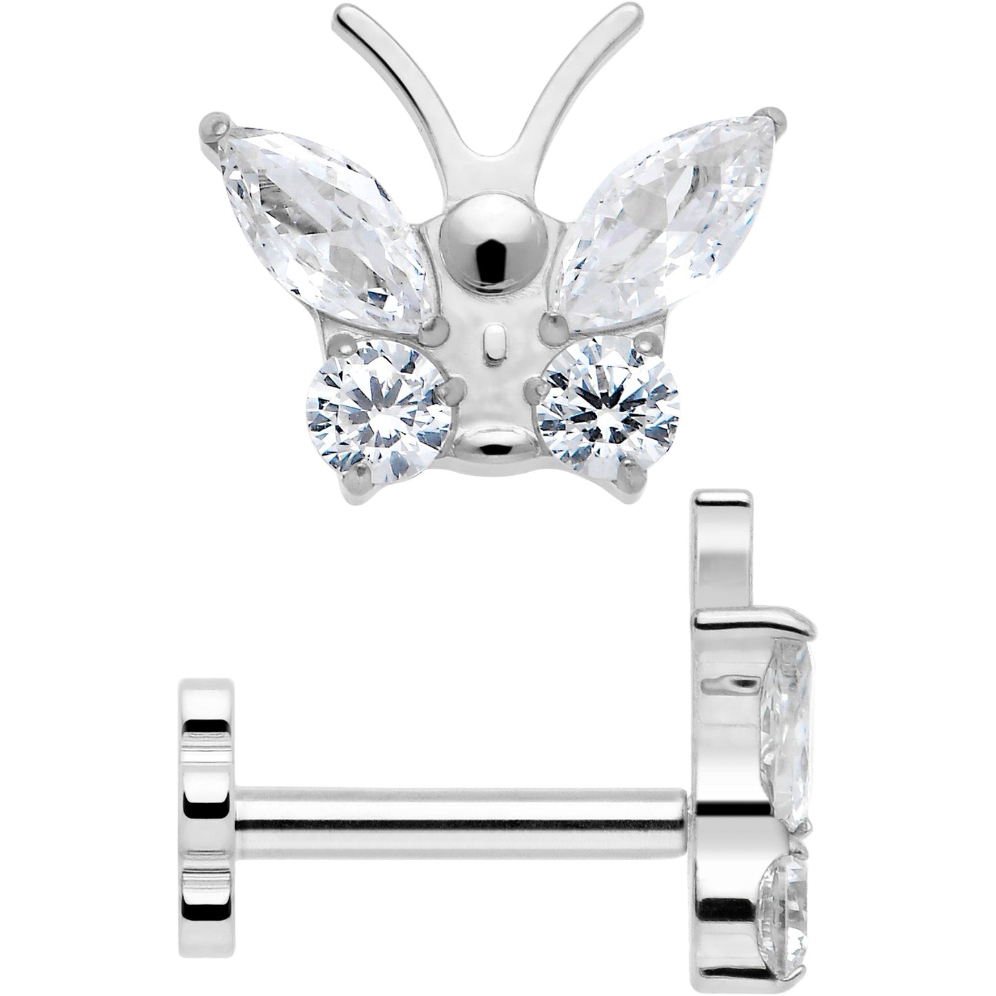 16G 5/16 Titanium Reversible Flower Threadless Gem Butterfly Labret Tragus