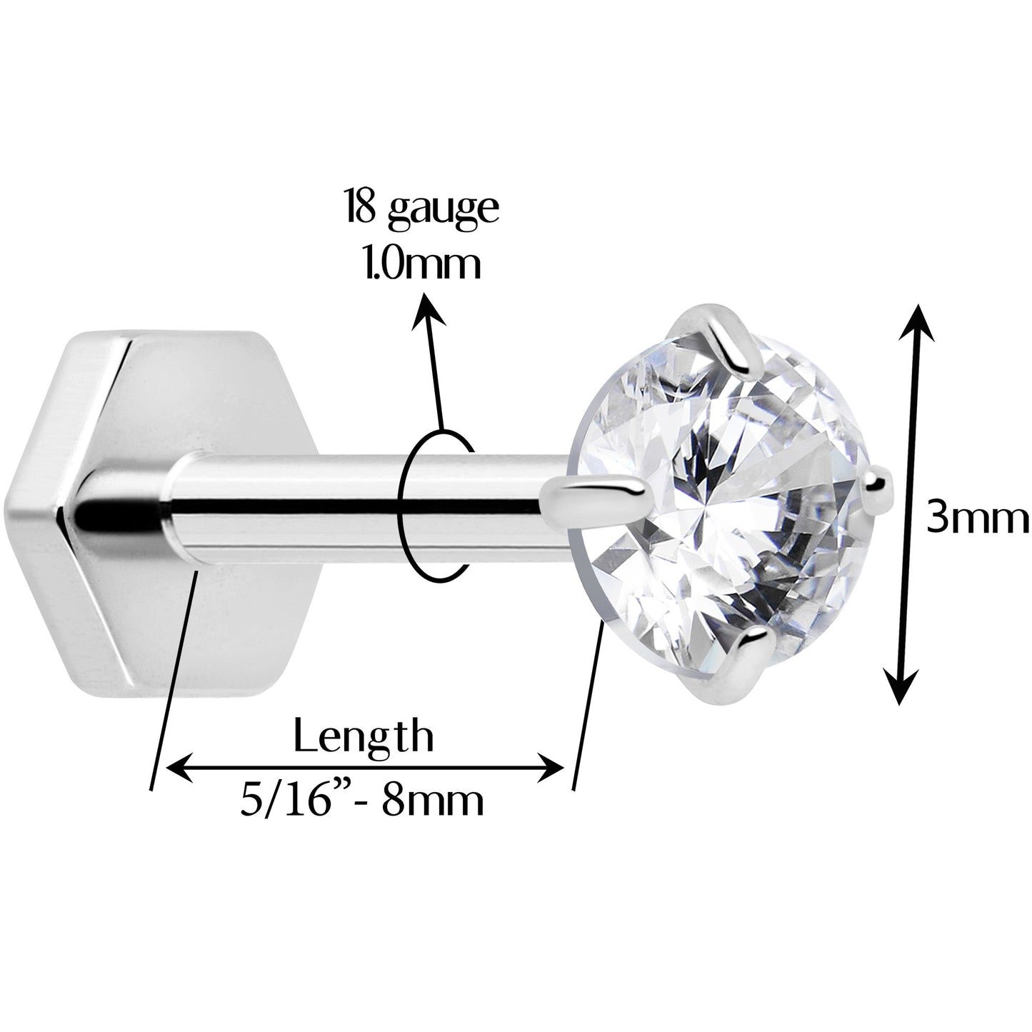 18G 5/16 CZ Implant Grade Titanium Reversible Threadless Flatback