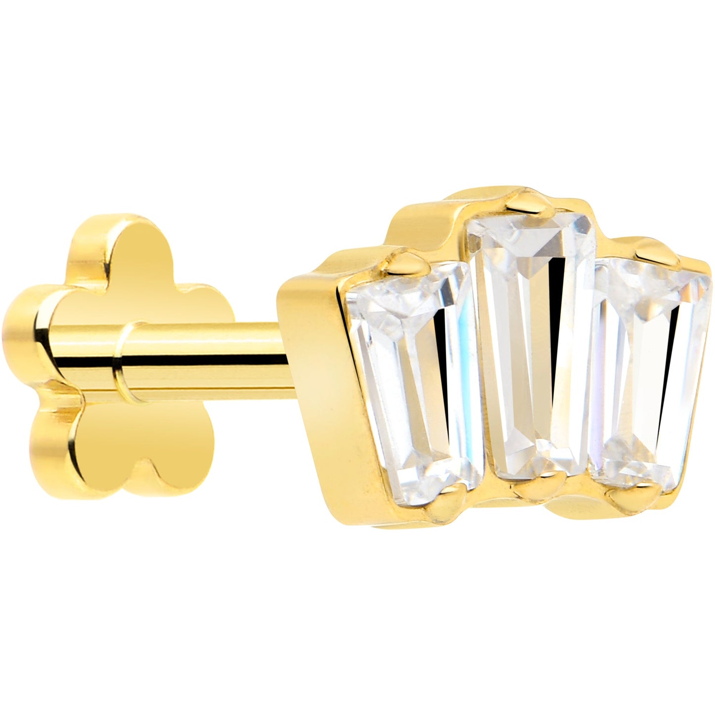 18G 1/4 Clear Gem 14k Gold Plated Implant Grade Titanium Threadless Flower Reversible Flat Back Earring