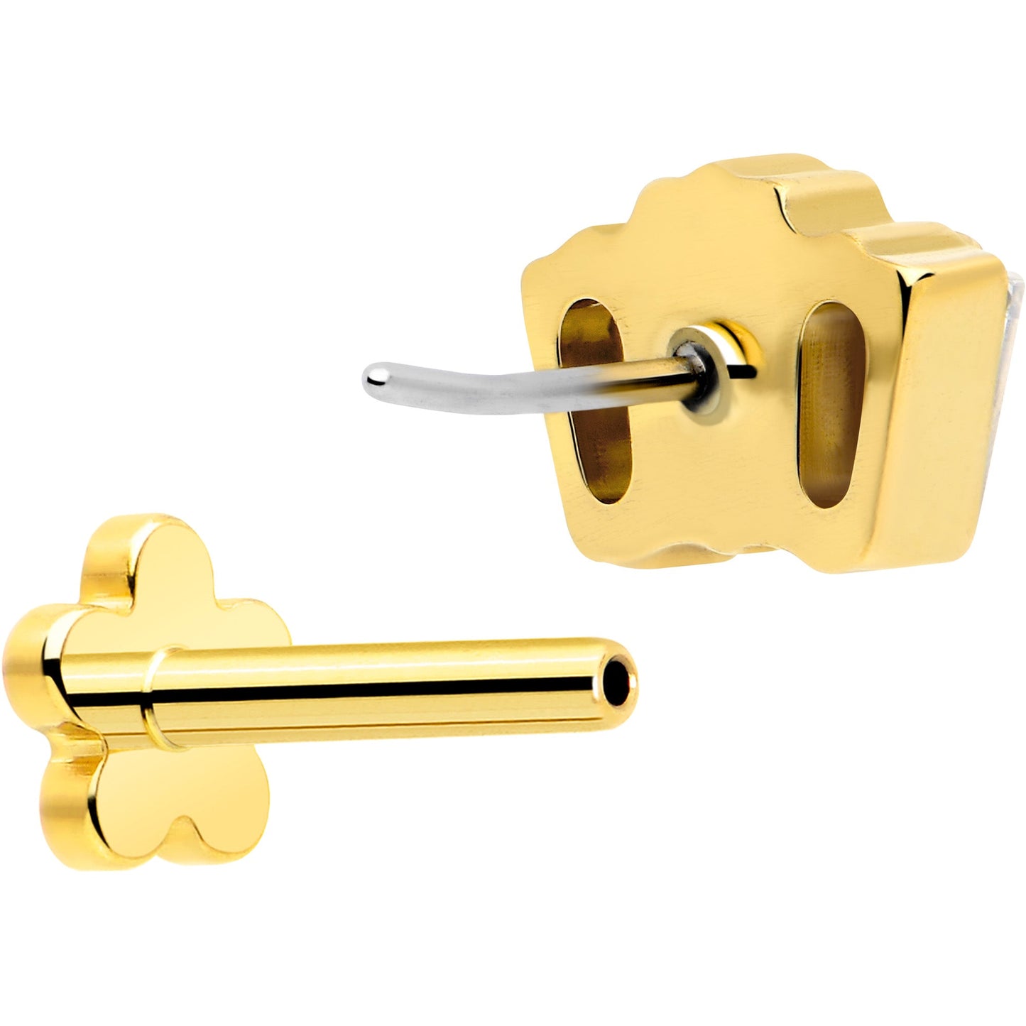 18G 1/4 Clear Gem 14k Gold Plated Implant Grade Titanium Threadless Flower Reversible Flat Back Earring