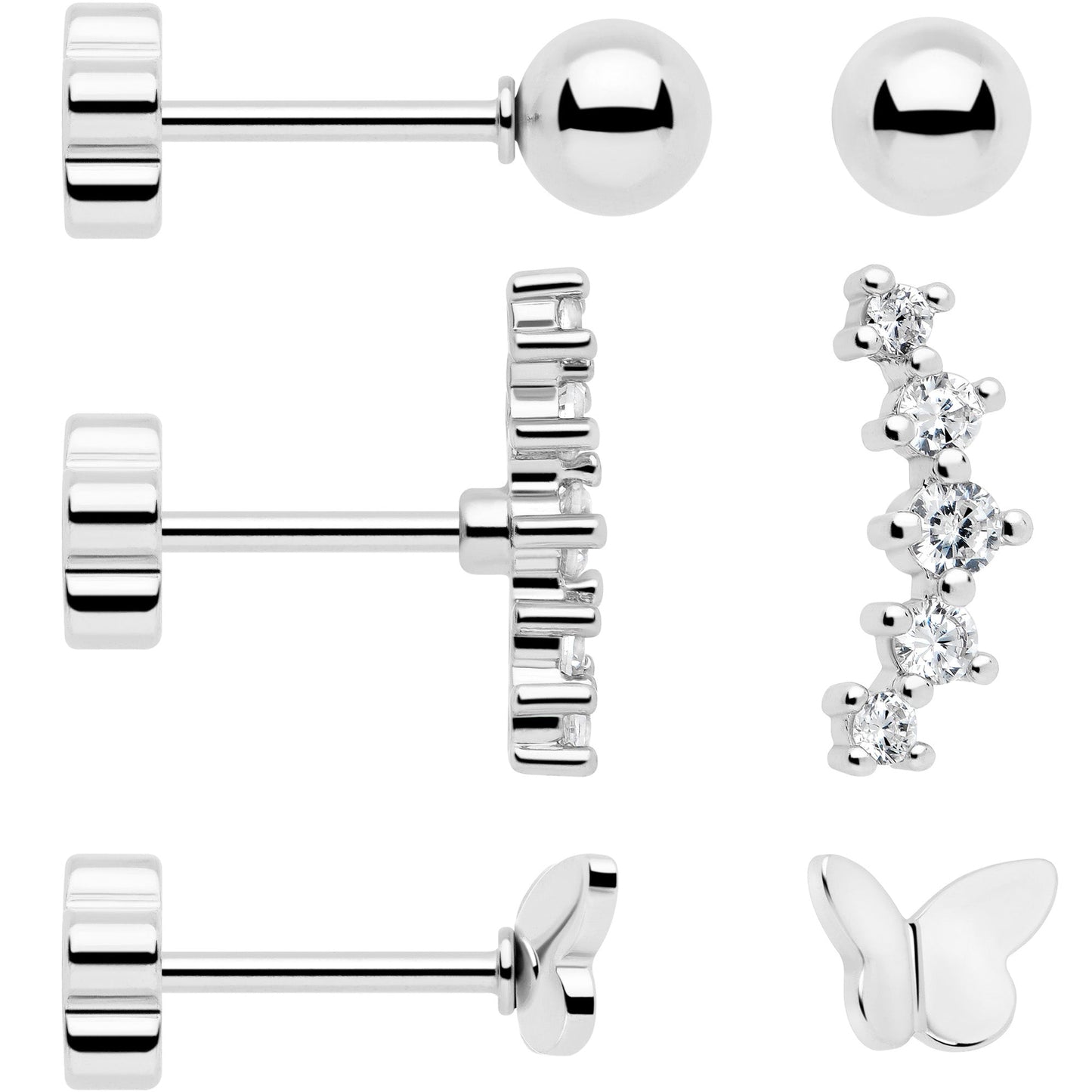 20G CZ Gem Ball Arch Butterfly Reversible Flower Flat Back Earring Set of 6