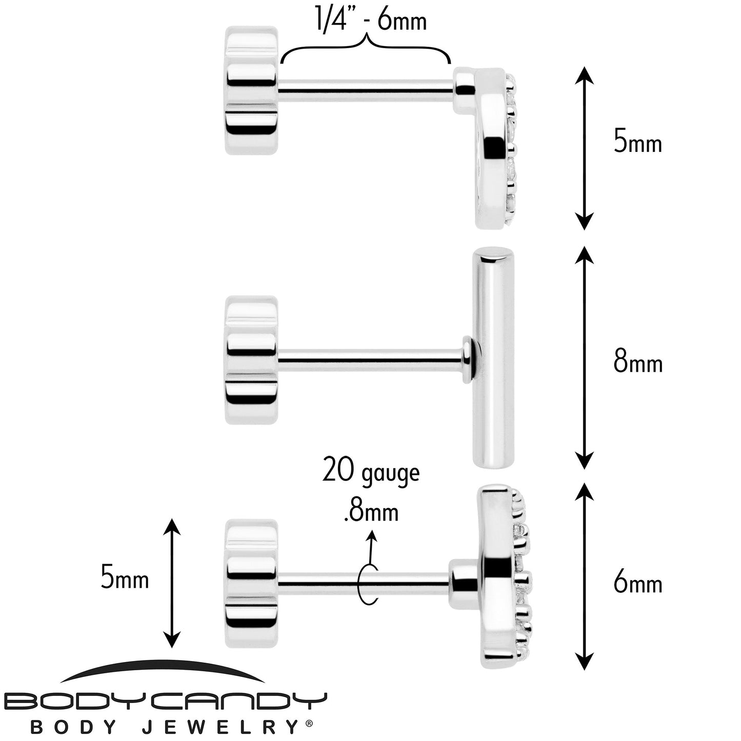 20G Clear CZ Gem Moon Circle Bar Reversible Flower Flat Back Earring Set of 6