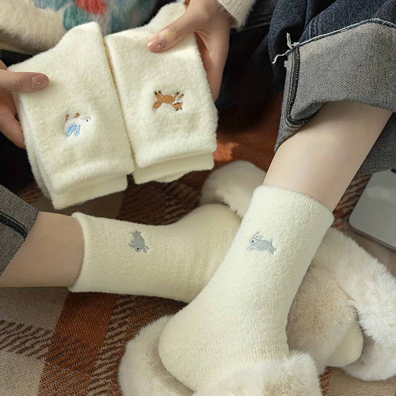 4pcs Cozy Fleece-Lined Women's Socks - Cute Animal Embroidery, Thick & Warm Mid-Calf Winter Home Socks
