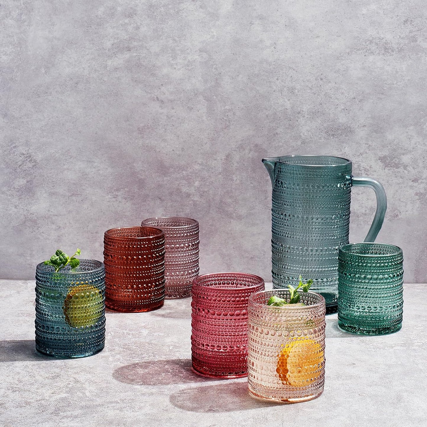 Hobnail Beaded Pitcher & Tumbler Glasses Set | Set of 6 Glasses & Carafe