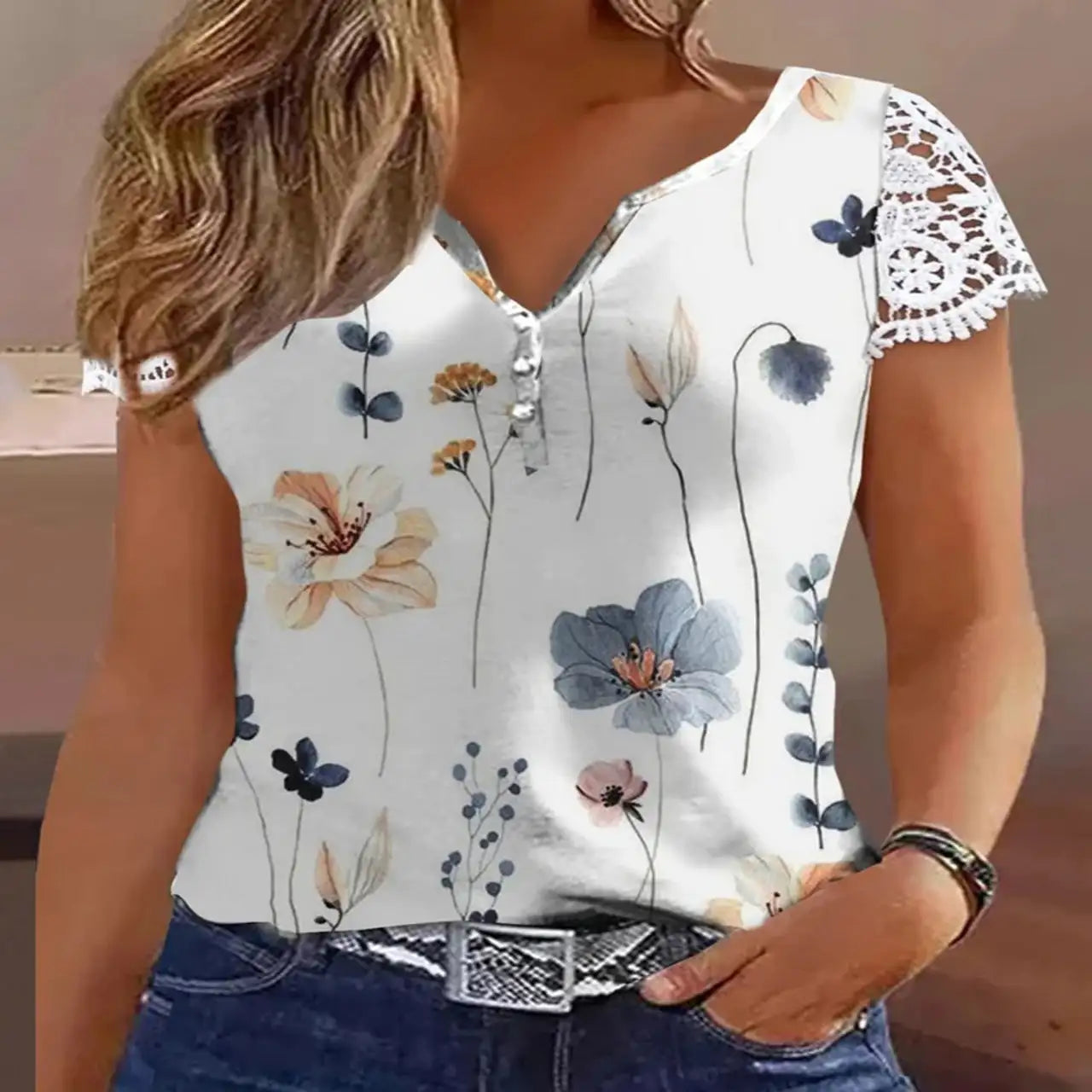Ladies' Floral Print V-neck Button Casual Lace Patchwork Sleeve Fashionable Vacation Top Shirt
