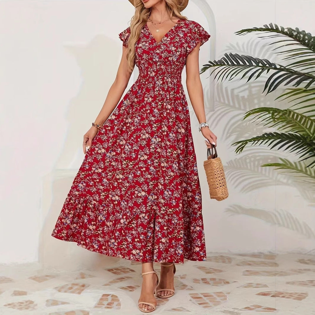 Fashion Floral Long Sleeve Waist Swing Dress