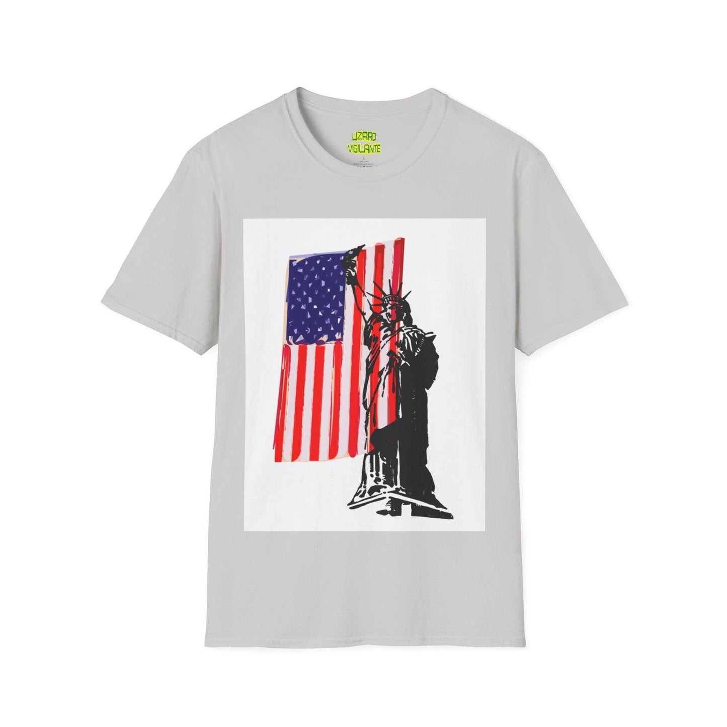 American Flag With Statue of Liberty Graphic Unisex Softstyle T-Shirt - Lizard Vigilante