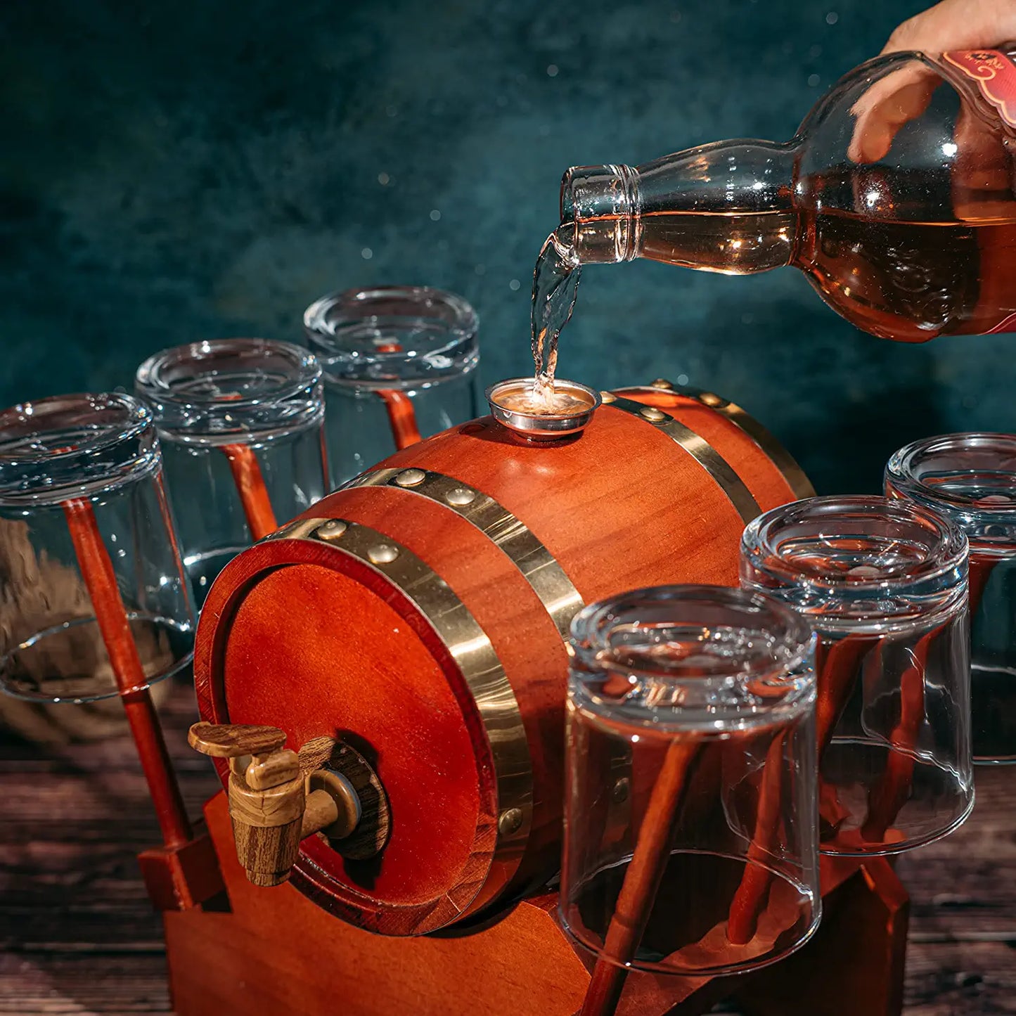 Barrel Decanter with 6 Whiskey Glasses by The Wine Savant - 1000 mL Mahogany Wood Old Fashioned Classic Whiskey Decanter Set, Gifts for Him, Father's Day, Gift Ideas