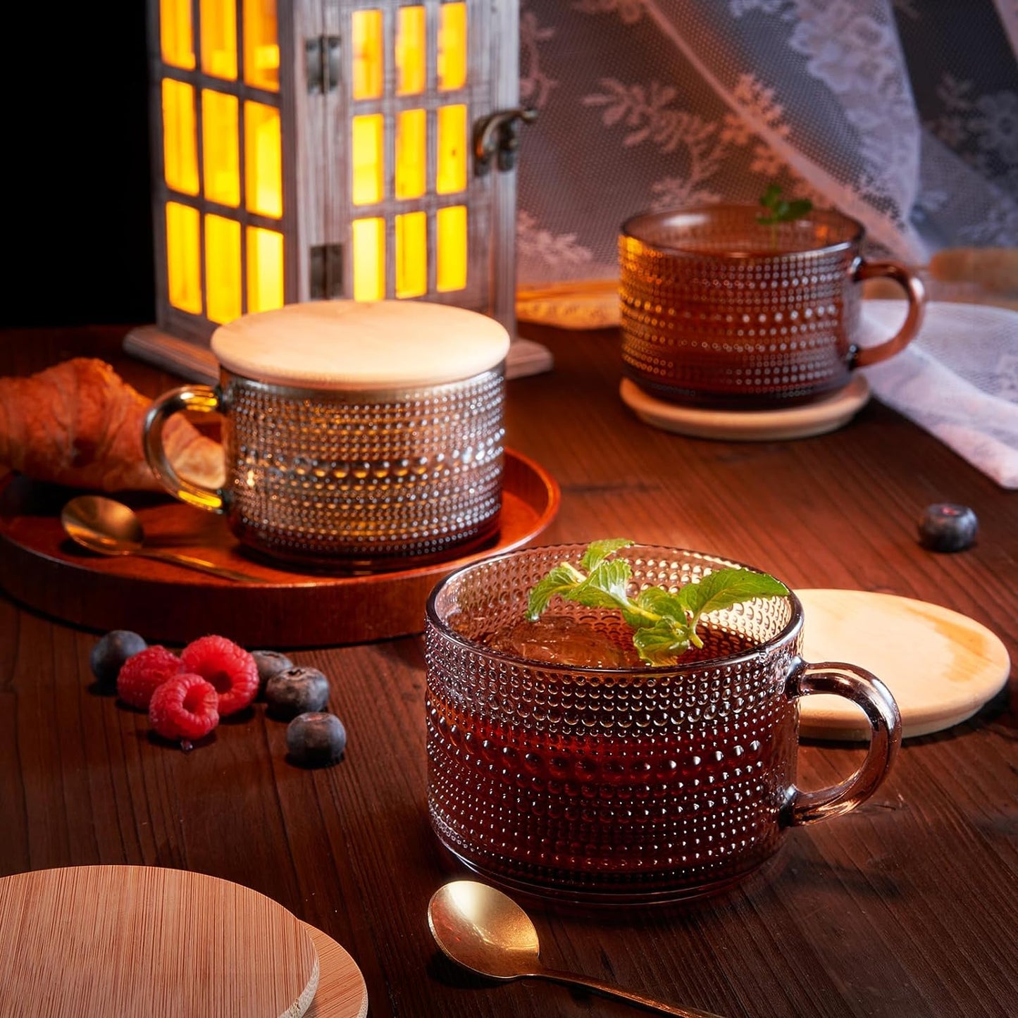 Vintage Hobnail Glass Coffee Mugs Set With Handles | Set of 4