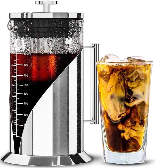 Cafe Du Chateau Cold Brew Coffee Maker - 34oz Airtight Iced Coffee & Tea Pitcher with Measuring Label, Stainless Steel Filter, Ideal for Fridge Storage