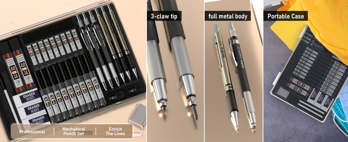 35-Piece Nicpro Premium Art Mechanical Pencil Set – Complete Drafting Kit with 3 Metal Pencils (0.5mm, 0.7mm, 0.9mm), 3 Lead Holders, and 20 Tubes of Lead Refills (6B to 4H) for Professional Drawing & Sketching - Premium pencil set from Lizard Vigilante - Just $32.99! Shop now at Lizard Vigilante