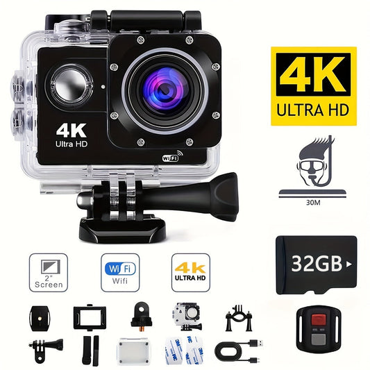 4K Action Camera, with 32G Memory Card, Pre-recording WiFi Camera 170° Remote Control Sports Cameras with Helmet Mount Accessories Kits, for Suitable for Beginners to Take Photos And Record Videos, Christmas, Festival, New Y