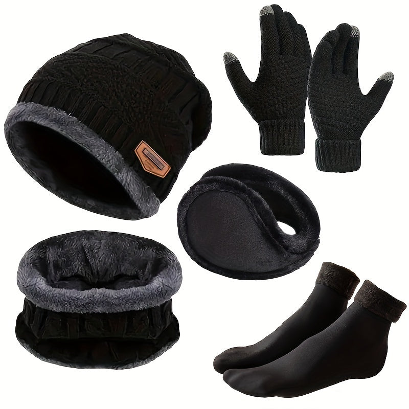 5pcs Winter Warmth Kit: Men's Sporty Knit Beanie, Faux Fur Earflaps, Non-Slip Socks & Gloves - Ultimate Cold Weather Gear Set for Outdoor Adventures - Premium  from Lizard Vigilante - Just $11.99! Shop now at Lizard Vigilante