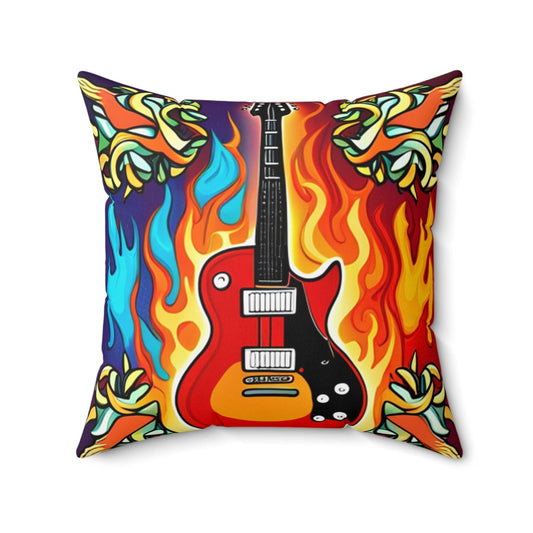 Flaming Axe Spun Polyester Square Pillow Firy Background Electric Guitar Foreground - Lizard Vigilante