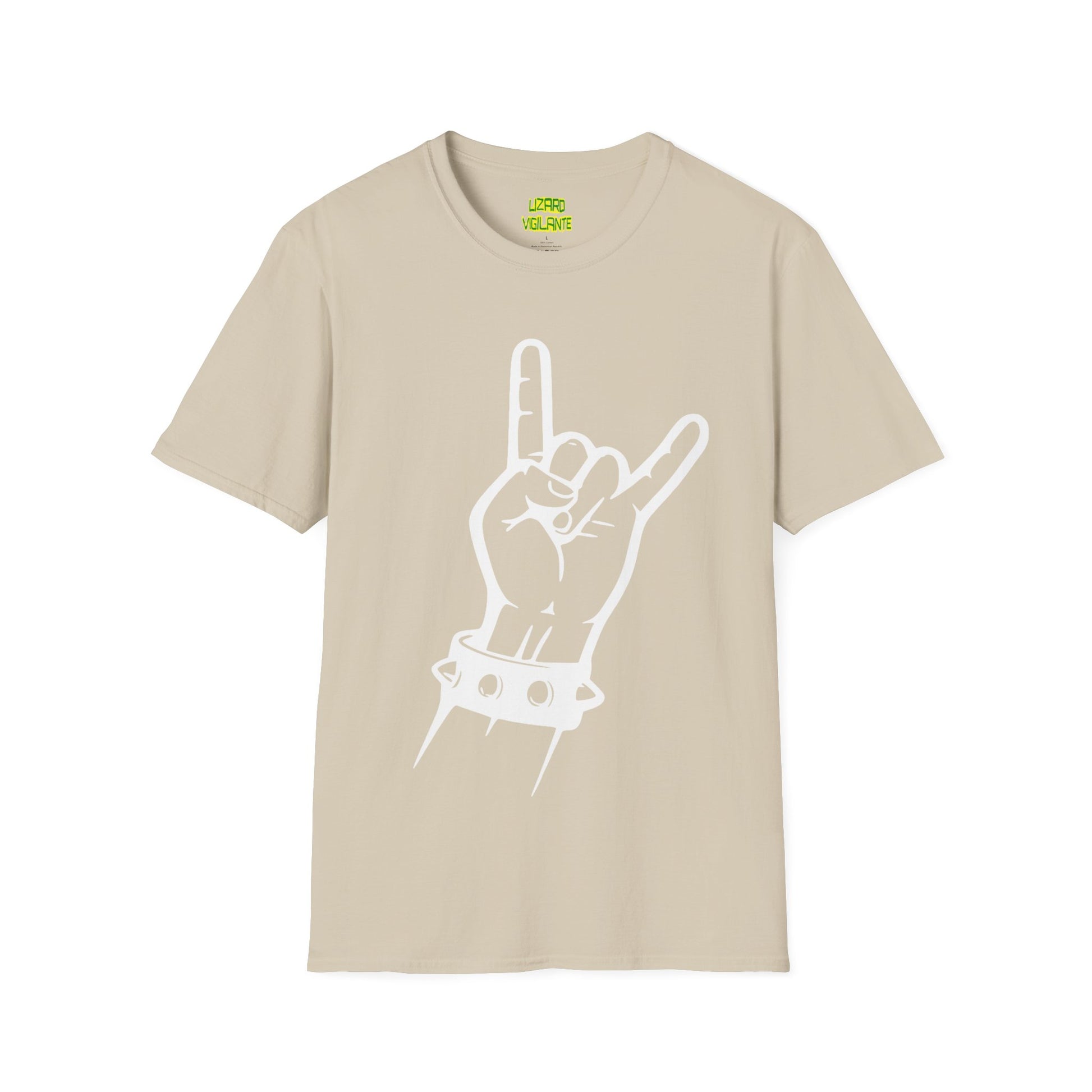 Metal Hand Gesture With Spiked Wristband Unisex Softstyle T-Shirt, White - Lizard Vigilante