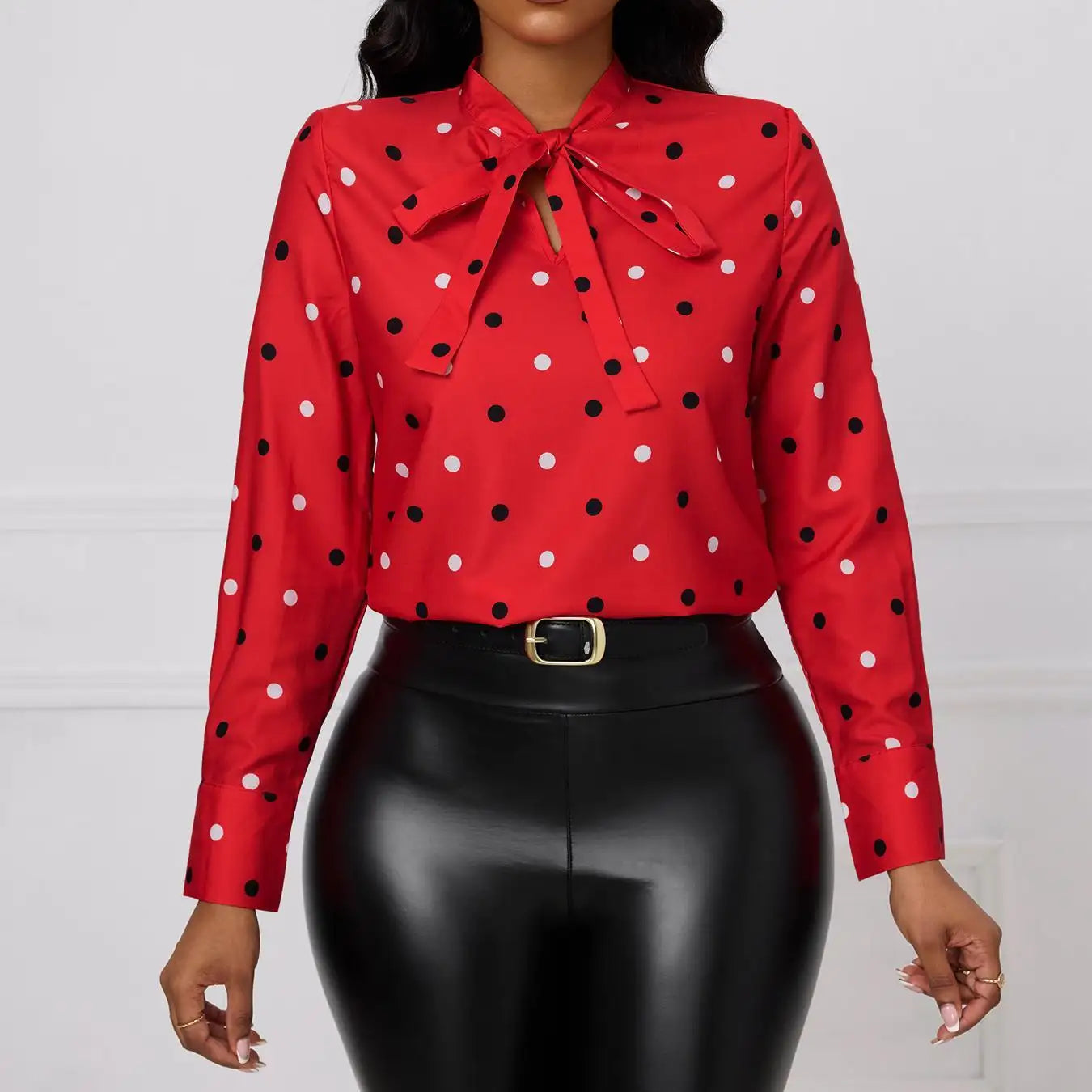 Ladies' Fashionable And Elegant Printed Polka Dot Solid Color Long Sleeved Shirt Top With Elegant Orientation