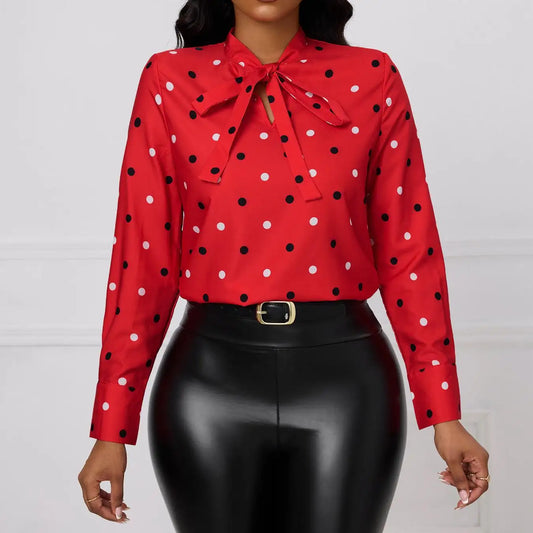 Ladies' Fashionable And Elegant Printed Polka Dot Solid Color Long Sleeved Shirt Top With Elegant Orientation