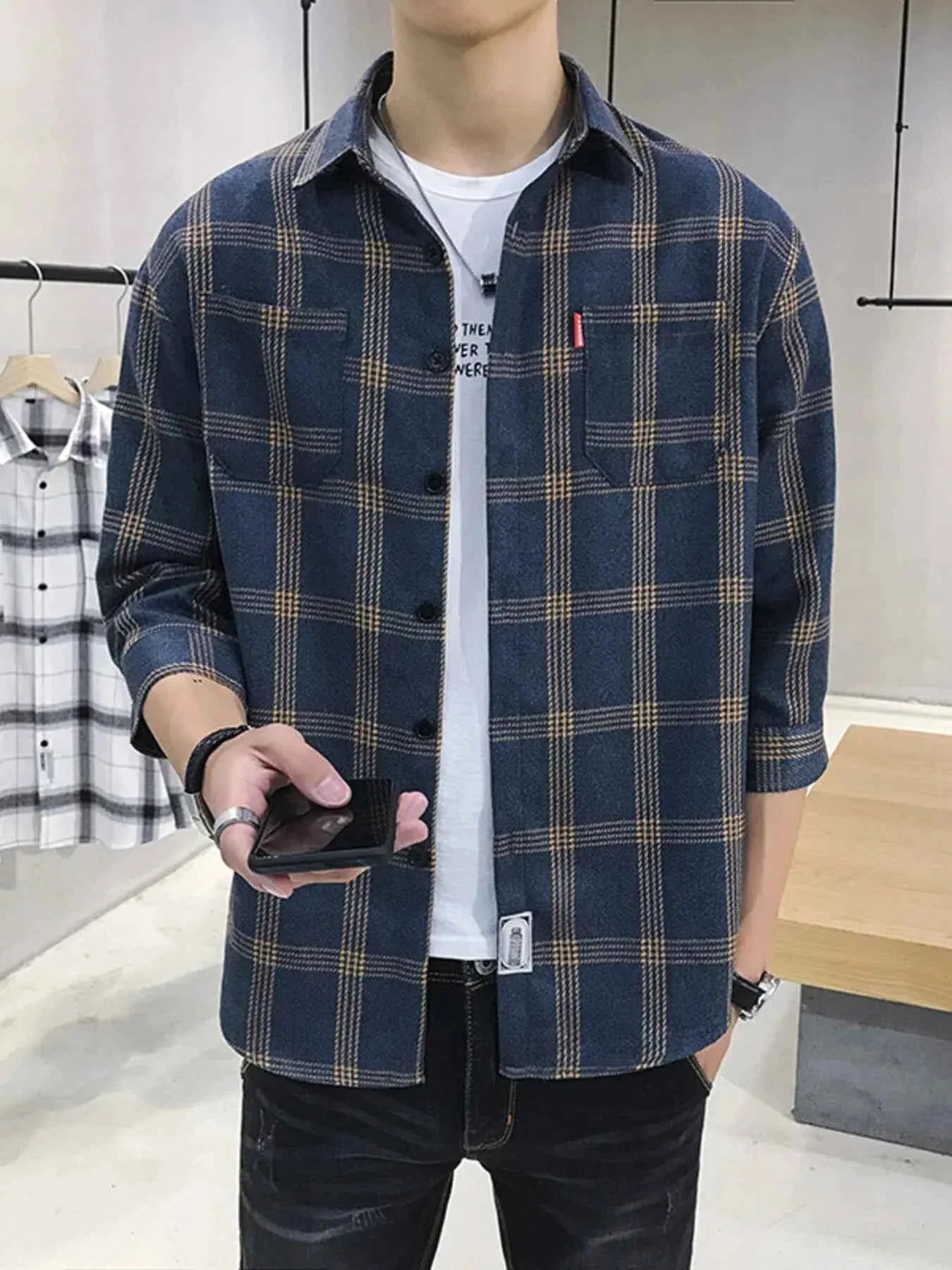 Men's Plus Size Casual Plaid 3/4 Sleeve Shirt