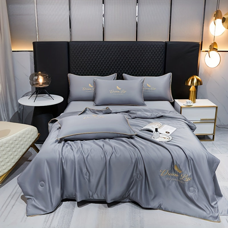 Contemporary Ice Silk Summer Quilt, Premium Cool Touch Washable Comforter, Simple Air Conditioning Blanket, Polyester Fiber Filling, Plain Weave, Machine Washable - Dream Life Design