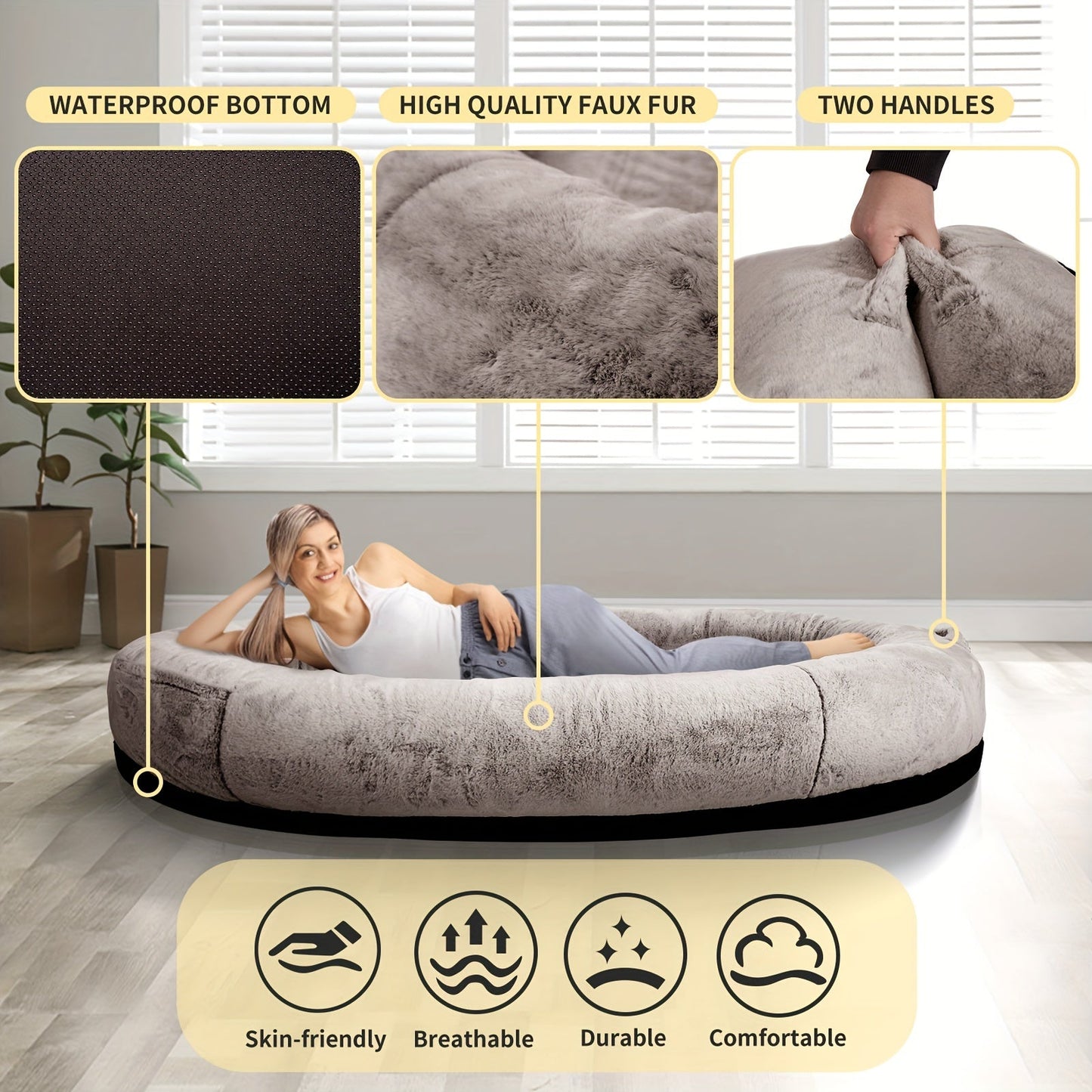 [Cozy Dog Bed] Orthopedic Faux Fur Dog Bed | Cozy Human-Sized Dog Bed For All Breeds - 71"x45"x14" With Blanket And Pillow, Washable, Includes Plush Pillow & Blanket