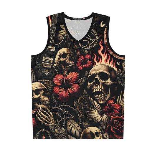 Gothic Basketball Jersey, Edgy Sportswear for Music Lovers, Festival Outfit, Unique Athletic Apparel, Skull and Floral Design