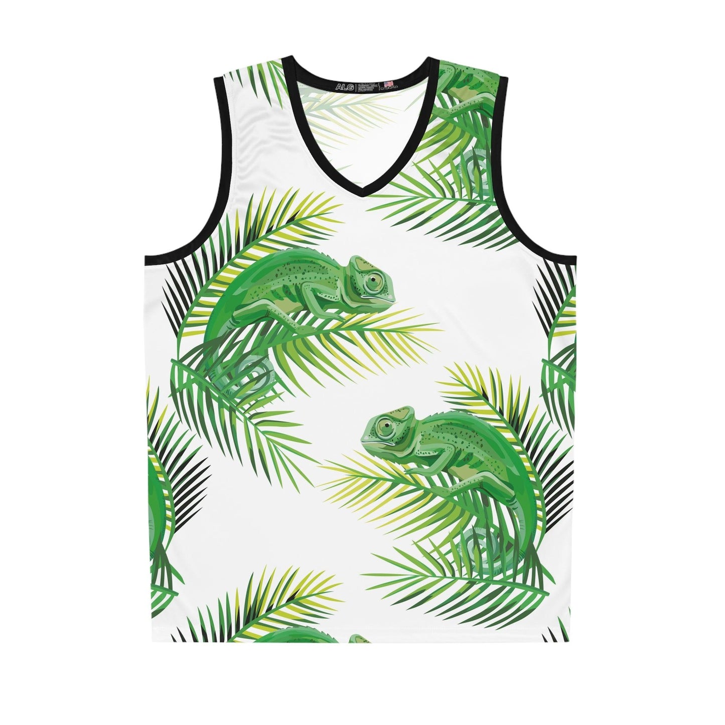 Chameleons on Banana Leaves Black Trim Basketball Jersey - Lizard Vigilante