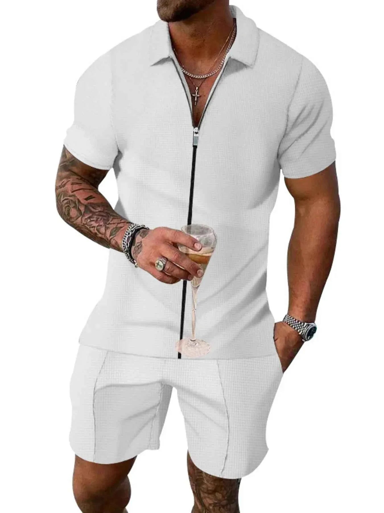 Men's Plus Size Zip Up Short Sleeve Top and Shorts Set
