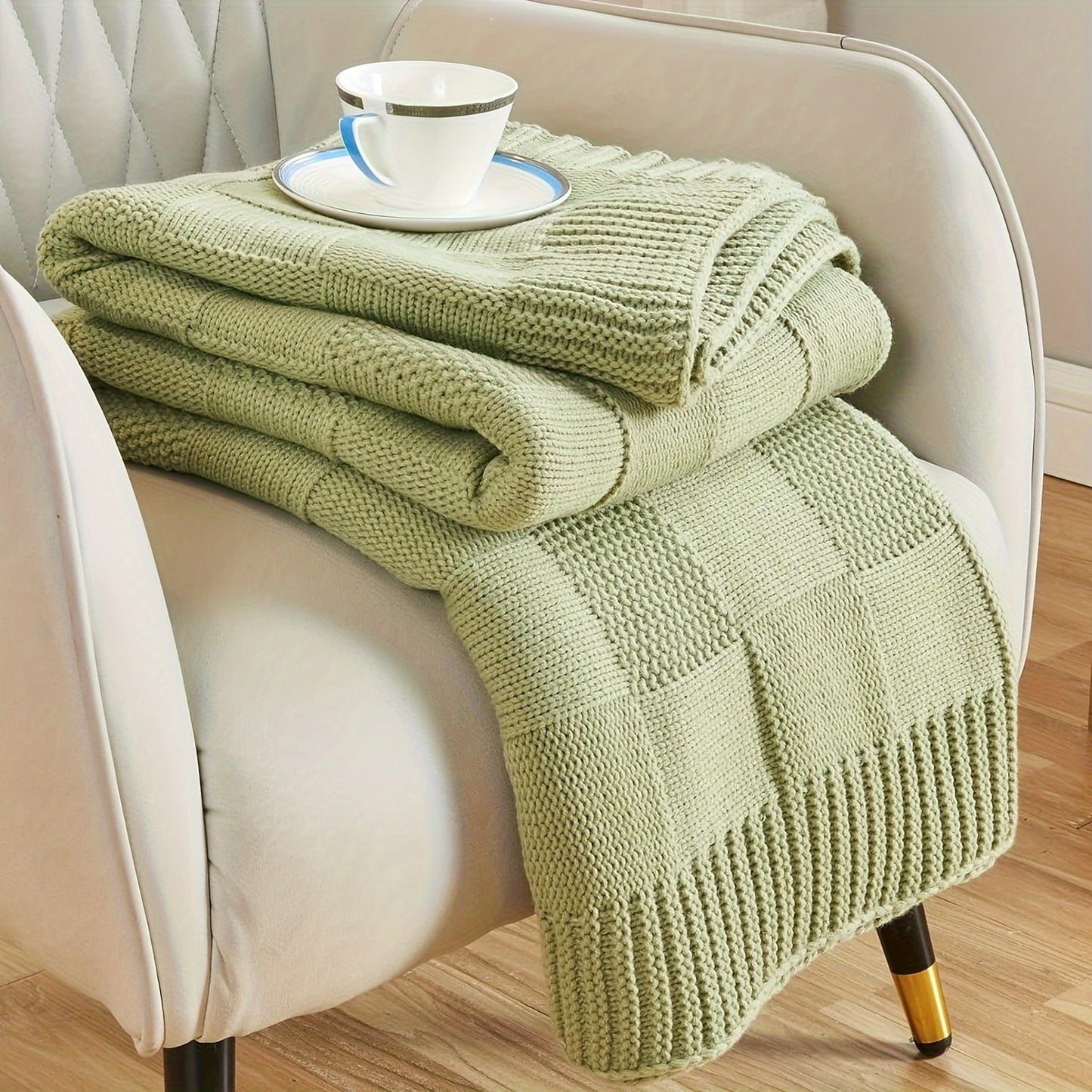 1pc Knit Throw Blanket, White Checkered Throw Blanket For Couch, Soft Cozy Warm Knitted Throw Blanket For Bed Sofa