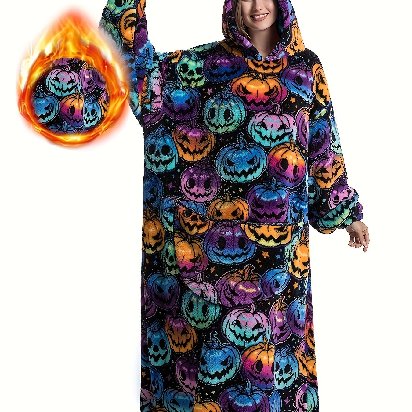 Plus Size Pumpkin Print Flannel Blanket Hoodie - Soft, Cozy, Plush, Hooded, Winter Outwear for Women with Halloween Theme
