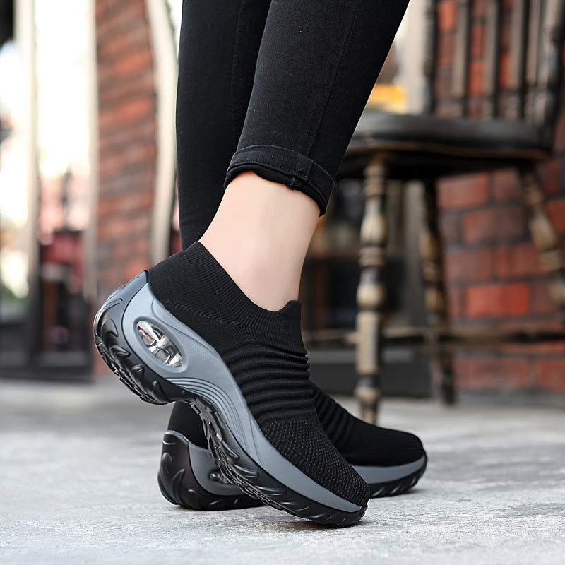 Women's Casual Sports Socks Sneakers Fashionable Thick Sole Air Cushion, Elevated Sloping Heel Rocking Shoes plus size