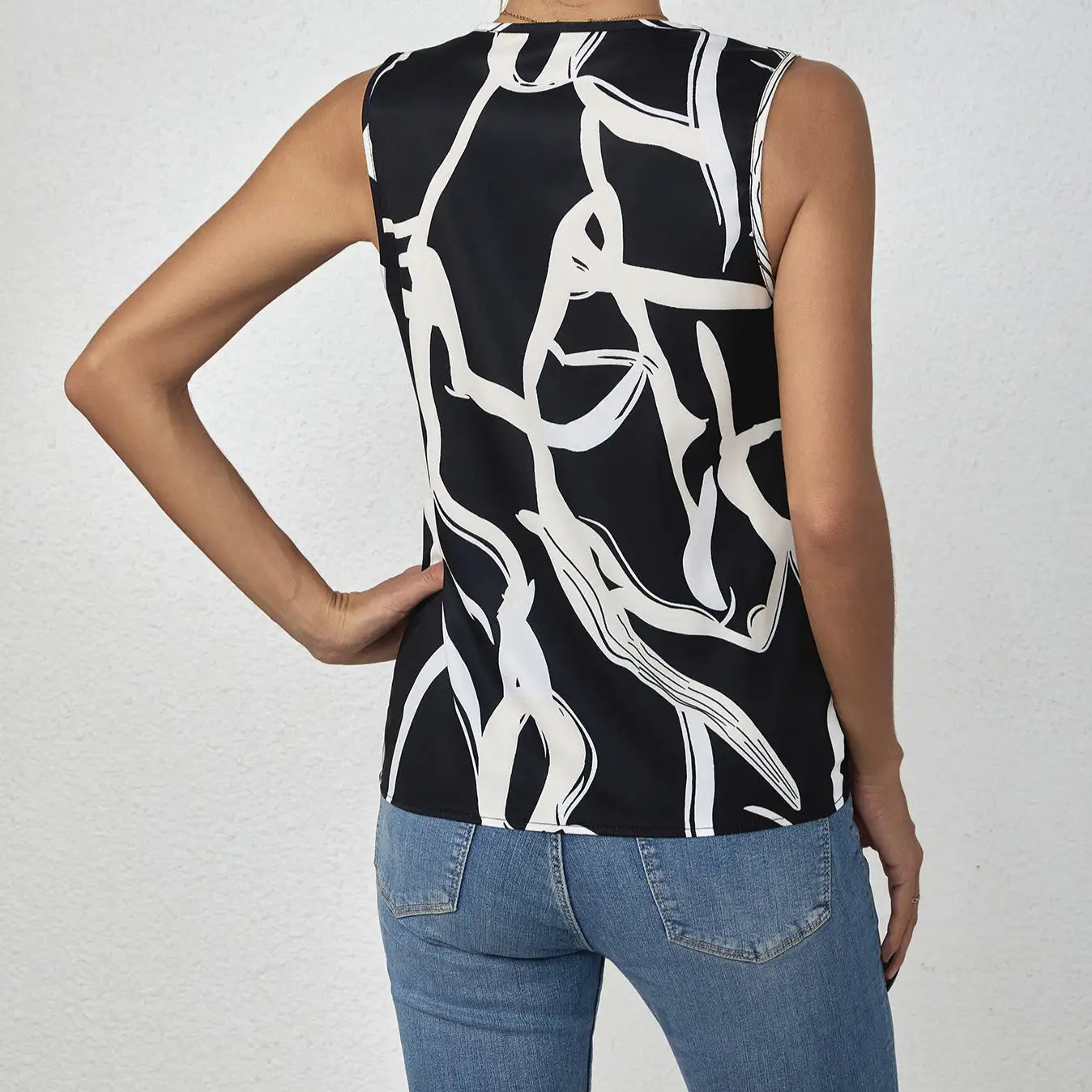 Ladies' Striped Printed Deep V-neck Off Shoulder Pleated Decorative Fashion Vest