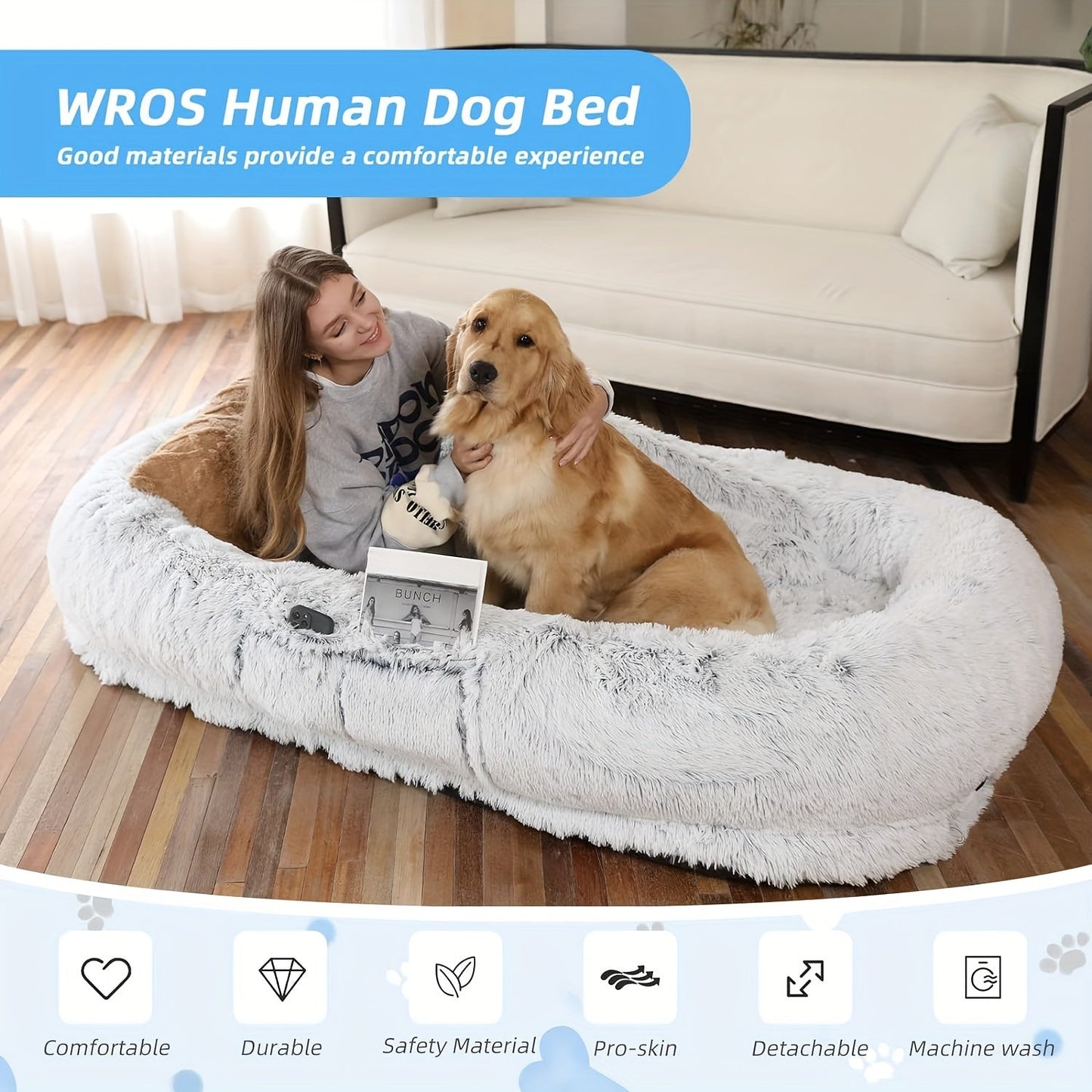 Orthopedic Human Dog Bed 71"x45"x12" Oval Washable Faux Fur Pet Bed with Plump Pillow, Blanket & Strap - Non-Slip Spa Design for All Dog Sizes, Grey, Cozy Nap Spot, Cozy Aesthetic, Durable Polyester, Home Lounging