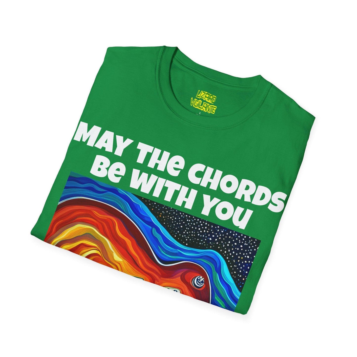 May The Chords Be With You Unisex Softstyle T-Shirt With Psychedelic Guitar Graphic - Lizard Vigilante