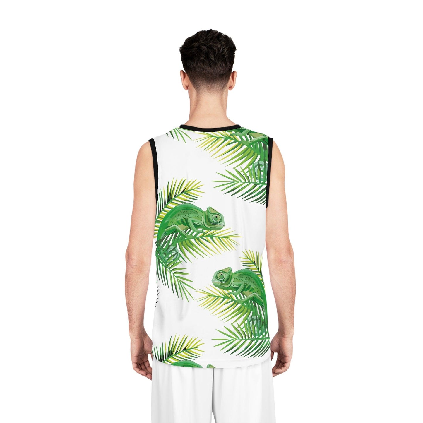 Chameleons on Banana Leaves Black Trim Basketball Jersey - Lizard Vigilante