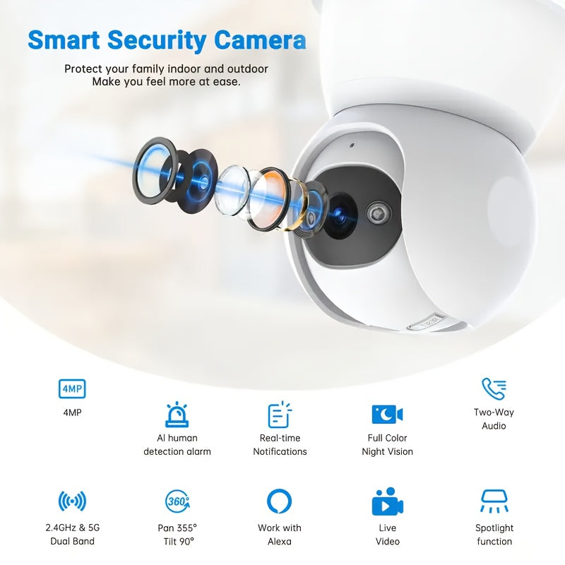4MP Light Bulb Security Camera | 5G2.4G HD Camera | Wireless | 360-degree Night Vision, AI Body Detection, Two-way Calls, Continuous Recording
