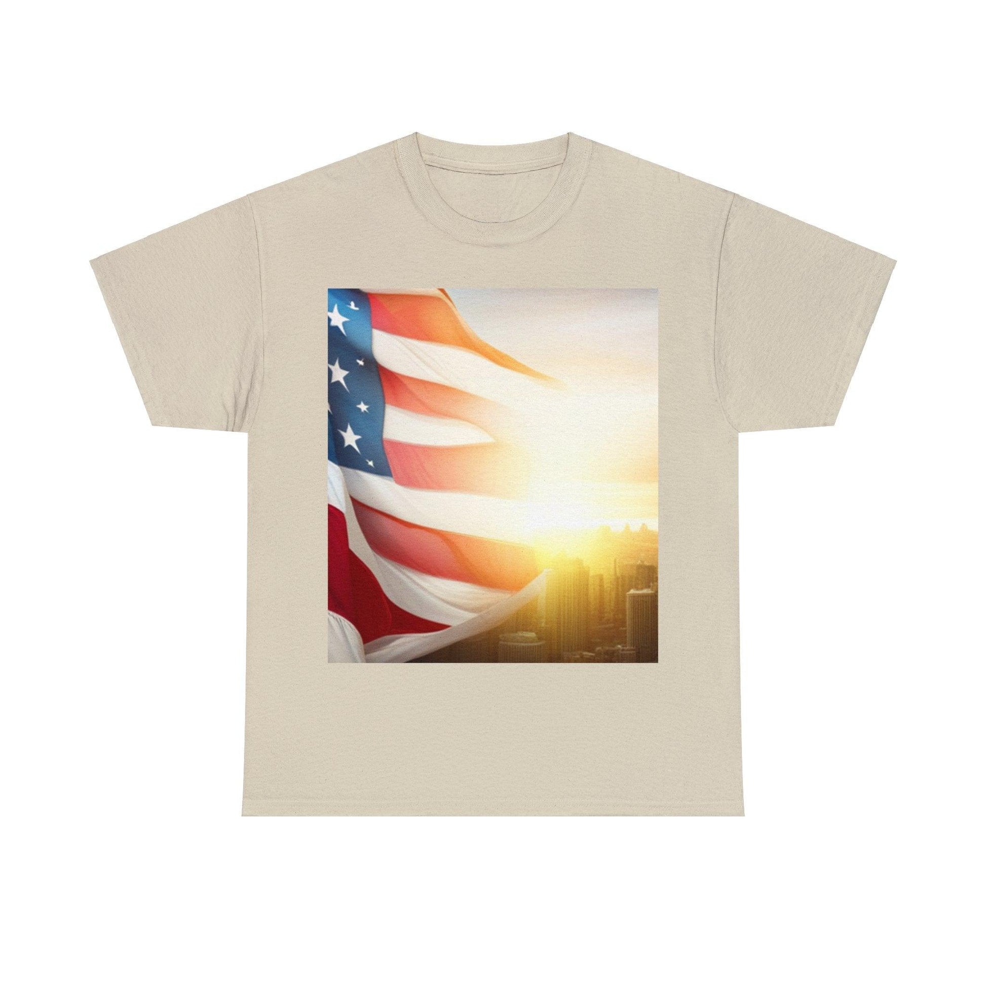 Patriot American Flag Over Gotham Unisex Heavy Cotton Tee / Red, White, and Blue Old Glory Sun T-Shirt - Lizard Vigilante