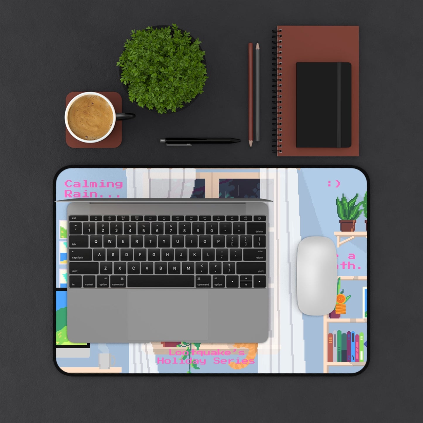 Calming Rain Desk Mat — Cozy Pixel Art Window Scene with Cat (“Take a breath”)