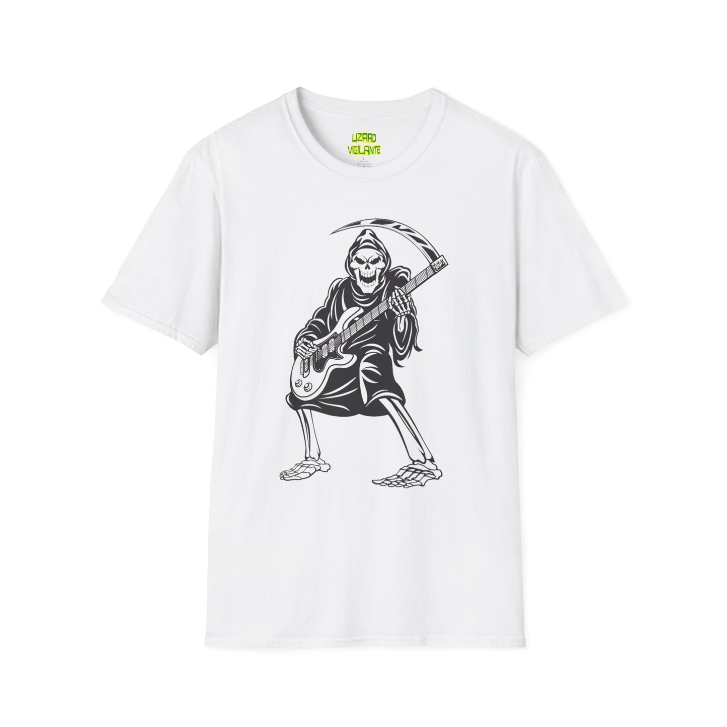 Grim Reaper Guitar T-Shirt — Rocker Skeleton Scythe Tee