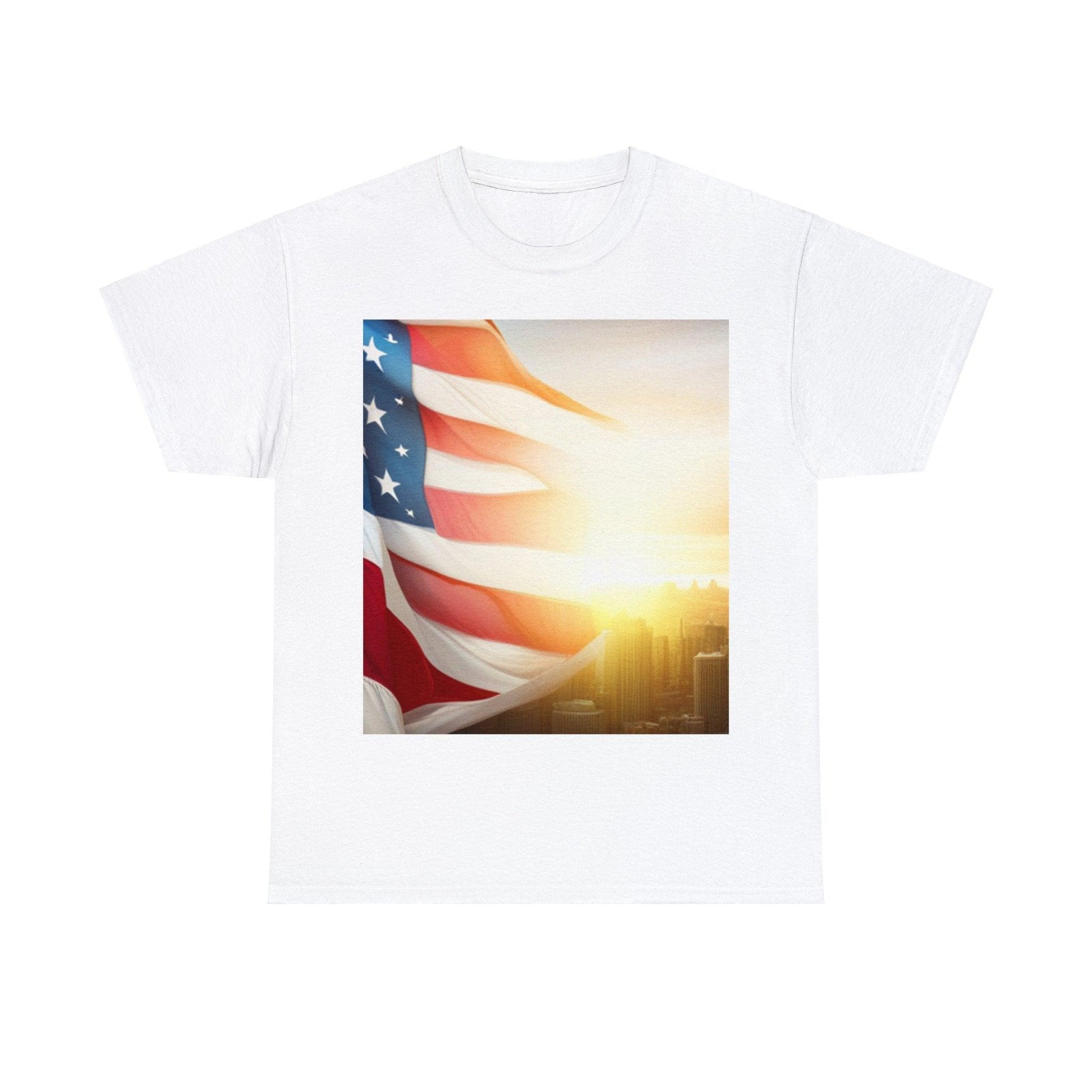 Patriot American Flag Over Gotham Unisex Heavy Cotton Tee / Red, White, and Blue Old Glory Sun T-Shirt - Lizard Vigilante