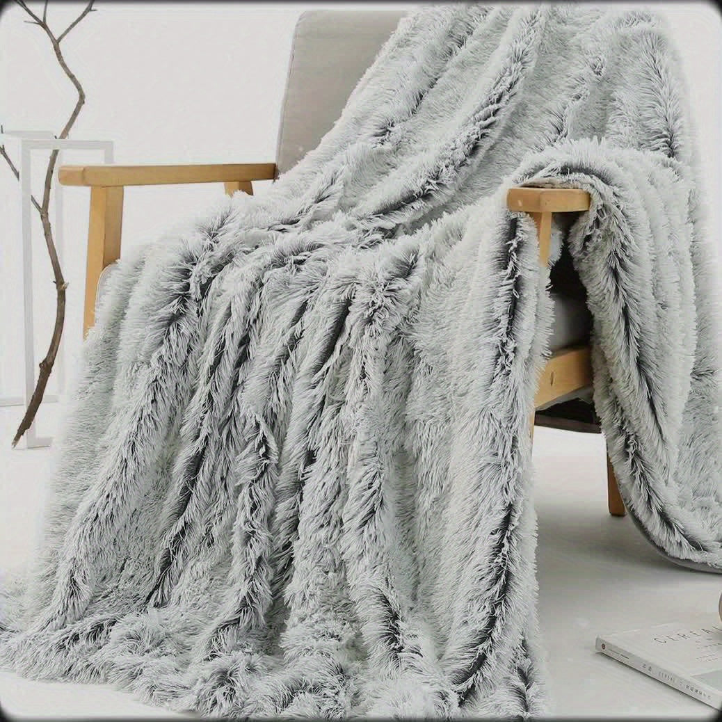 Luxury French-Style Plush Faux Fur Throw Blanket - Versatile Decorative Soft Polyester Bed, Sofa, and Car Blanket - All-Season Woven Cozy Cover for Home and Office Napping - 1pc Dual-Tone Long Pile