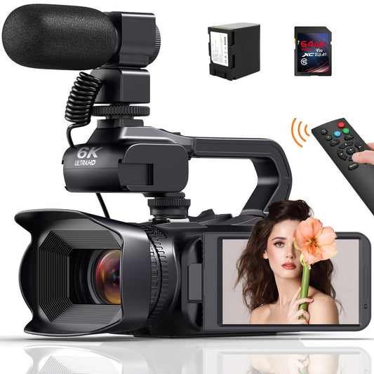 6K Ultra HD Video Camera Camcorder with 18X Zoom, IR Night Vision, 4.0" Touch Screen, WiFi, Microphone, 64GB SD Card, Remote Control & Charger - Perfect for Vlogging & Filming, Vlogging Camera | Touch Screen Camera | Highreso