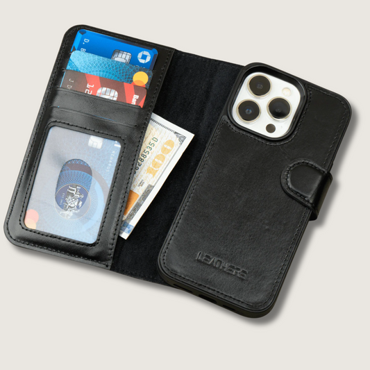 iPhone 16 Series Black Leather Wallet Case - New York